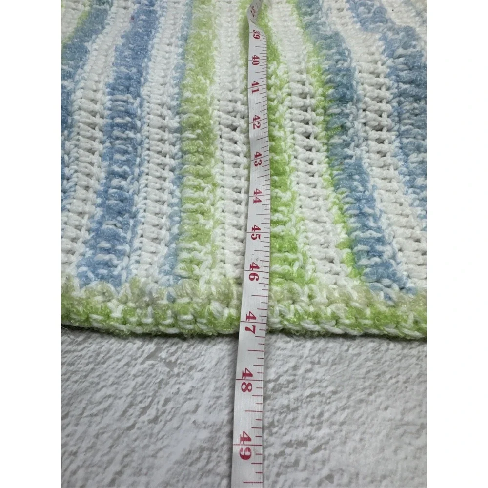 Handmade Crochet Striped Throw Blanket Blue Green White Afghan Cottagecore 47x26
